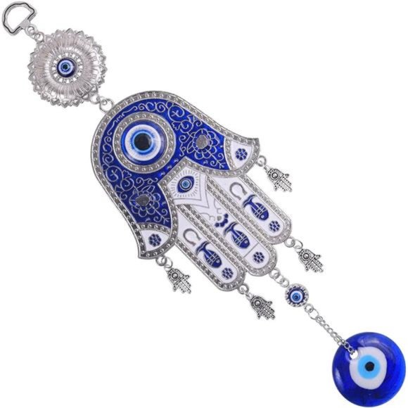Evil Eye Fatima's Holy Hand Talisman Pendant, Handmade Turkish Ornament,  Blue - Picture 2 of 7